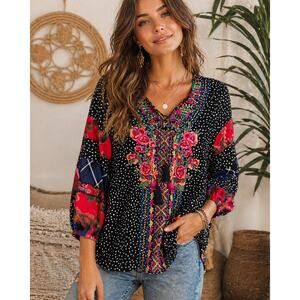 Caleoas Black Fiesta Floral Embroidered Bohemian Hippie Ruffle Blouse - Medium
